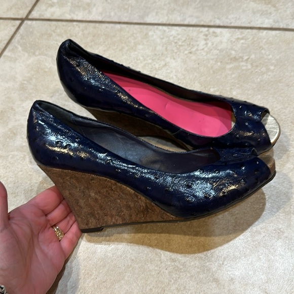 Lilly Pulitzer Navy Leather Cork Wedge Heels 8.5 - Picture 1 of 7